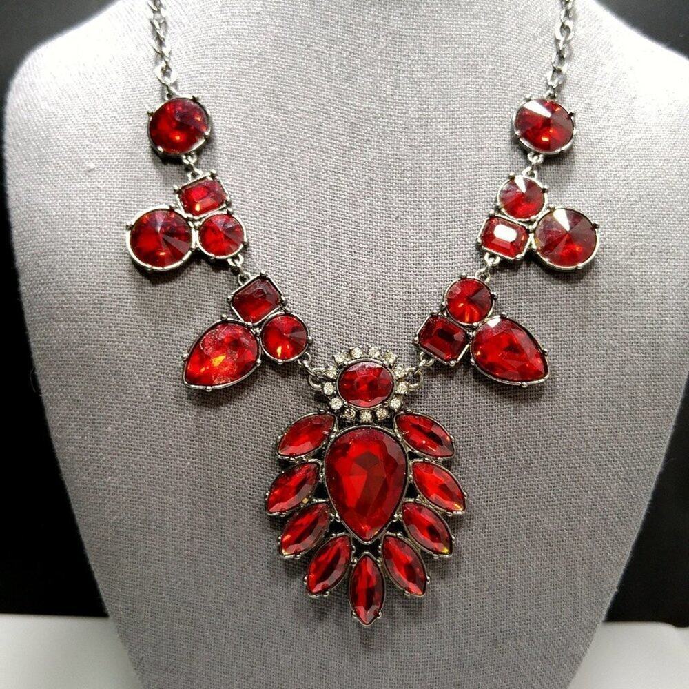 Vintage Red Rivoli Clear Rhinestones Pendant Necklace, 1990s, Gun Metal Gray